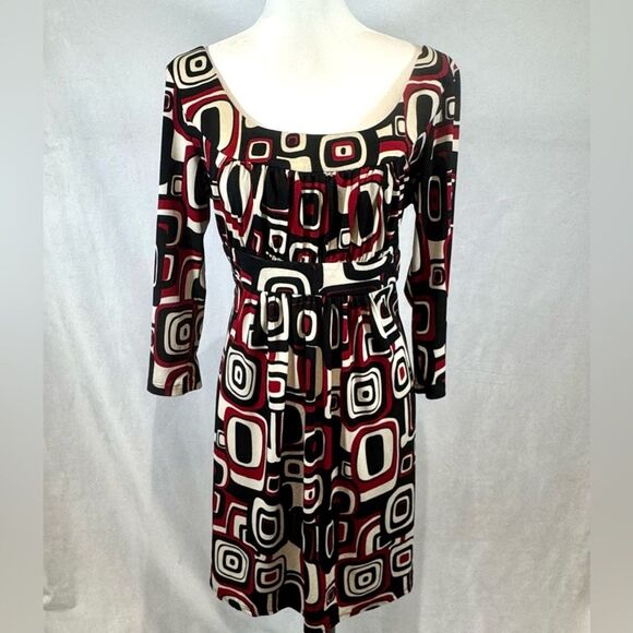 AB Studio red and black geometric print ruched bust dress size large - Picture 1 of 6